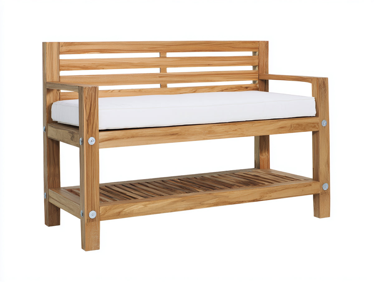 Bancos de jardín de madera 125 x 60 x 92 cm - madera natural y blanco - banco de 2 plazas con respaldo de listones y estante inferior