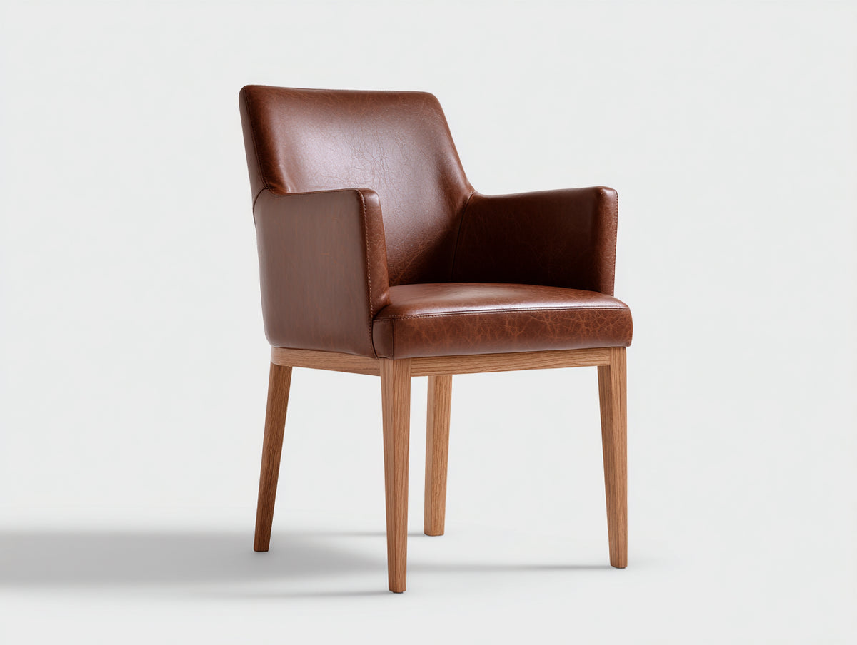 Sillas de comedor tapizadas efecto cuero 58x60x84 cm - marrón y madera natural - con reposabrazos estilo moderno