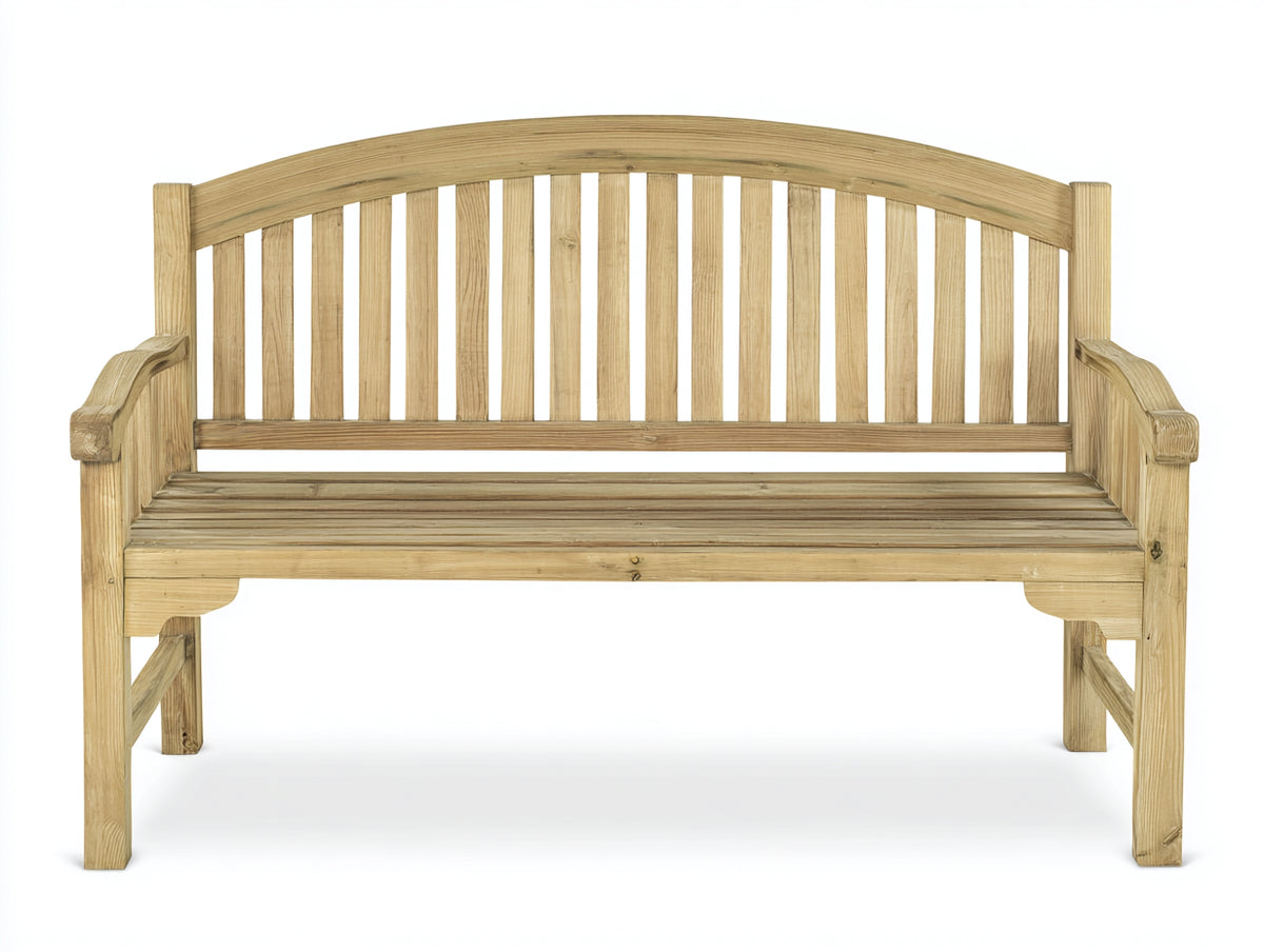 Bancos de jardín de madera maciza 150x62x92 cm - madera natural - respaldo arqueado con reposabrazos estilo clásico