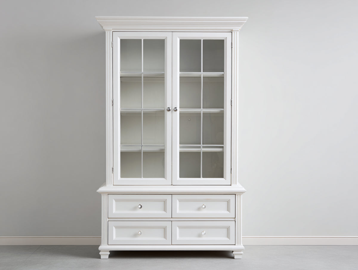 Vitrinas de madera de ingeniería y vidrio 100x42x190 cm - blanco - 2 puertas y 4 cajones estilo clásico