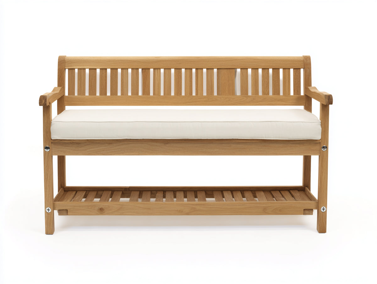 Bancos de jardín de madera maciza 120x60x90 cm - madera natural y crema - con cojín de asiento y estante inferior