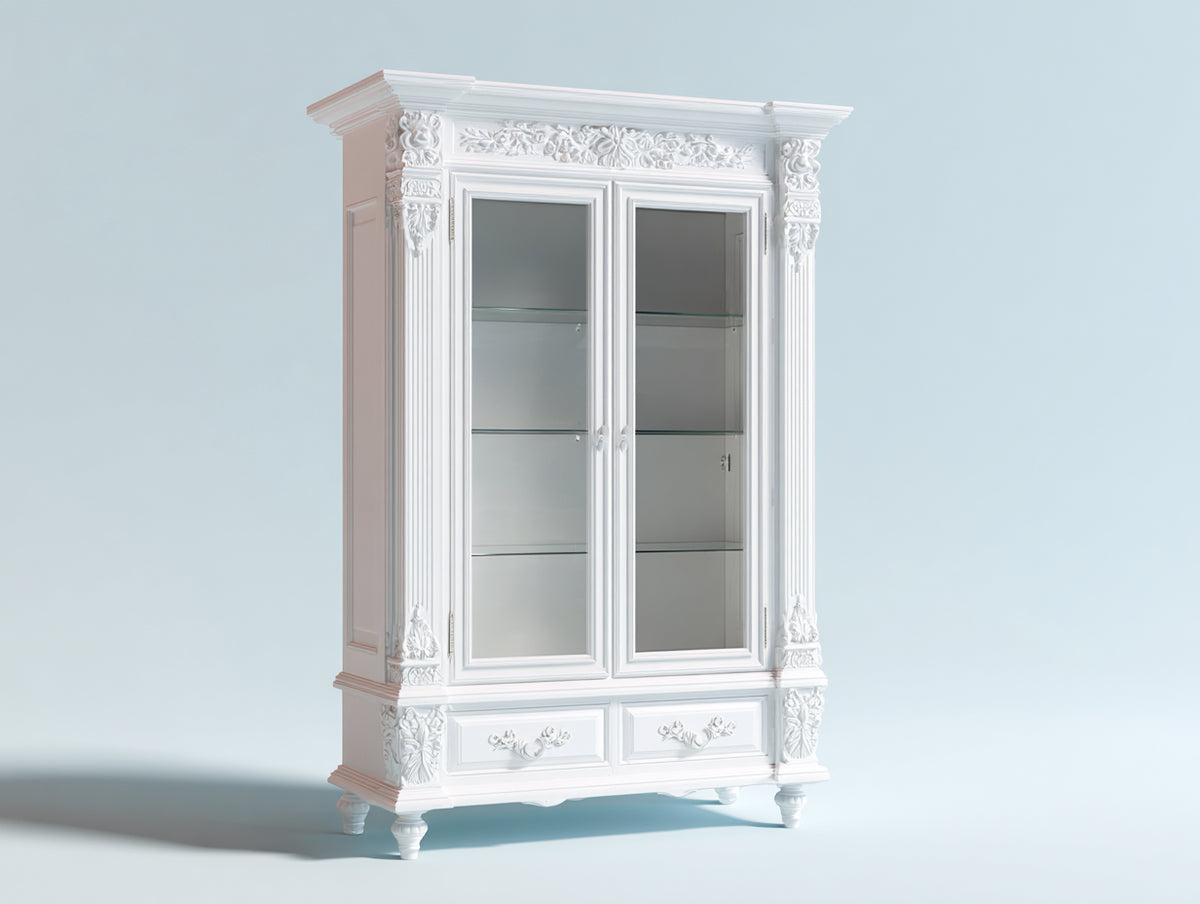 Vitrinas 105 x 45 x 185 cm - Blanco - 2 puertas acristaladas y 2 cajones con diseño clásico