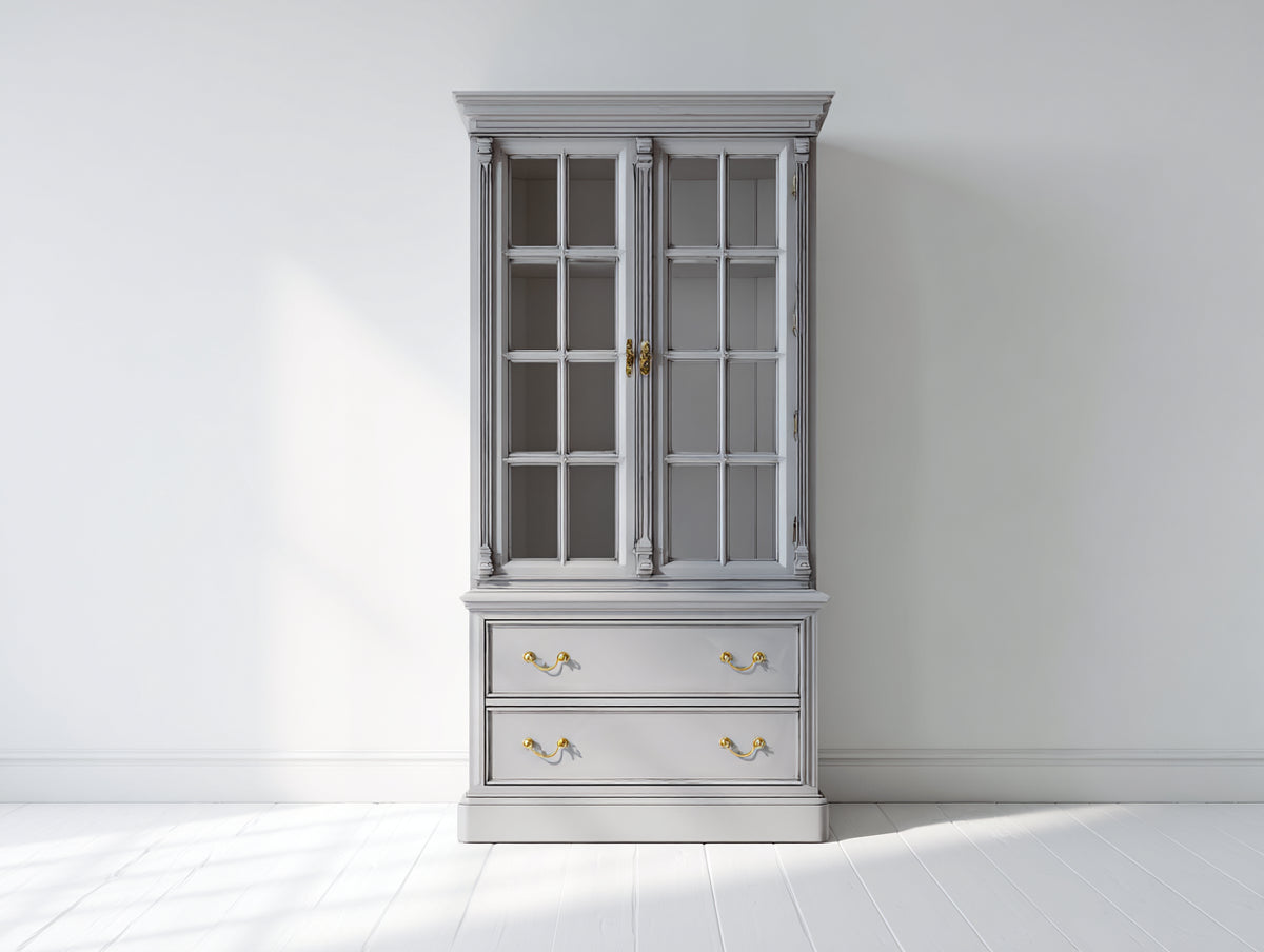 Vitrinas de madera 100 x 45 x 190 cm - gris claro - estilo clásico con puertas de cristal y cajones